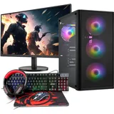 Basic Gaming Komplett PC Set Ryzen 3 3200G, 16 GB DDR4, 1000 GB SSD M.2, Windows 11 Pro 64bit + 24 Zoll Monitor + Tastatur, Maus, Headset Bundle