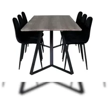 VCM MarinaGRBL Essgruppe Esstisch El Holz dekor grau und 6 Polar Diamond Esszimmerstühle Velour schwarz.