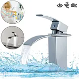 Wasserhahn Bad wasserfall Badarmatur aus Messing Waschtischarmatur für Badezimmer Einhandmischer Waschbecken Armatur Verchromt, Messing