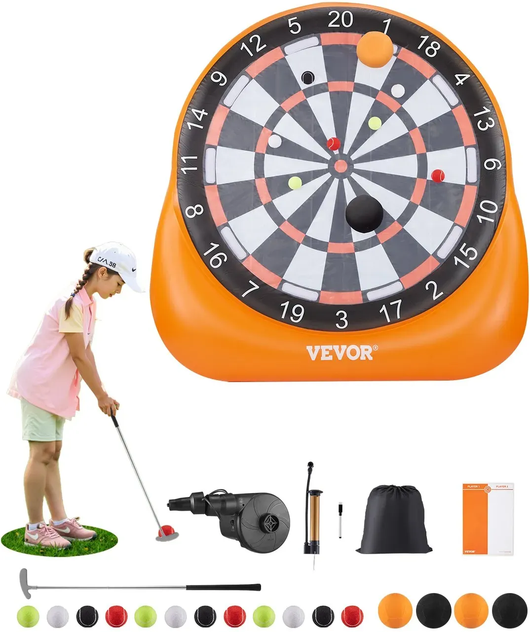 VEVOR aufblasbares Fußball-Dartboard, über 1,30 m hohes riesiges Fußball-Dartboard mit 4 Kickbällen & 12 Tennisbällen & Luftpumpe,ideal für riesige Gartenspiele, riesiges Kick-Darts-Spiel