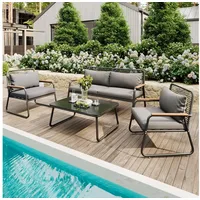 Flieks Gartenlounge-Set, 4-Sitzer Gartenmöbel Balkonset mit Tischplatte aus gehärtetem Glas grau
