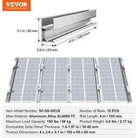 Vevor Solarmodul Halterungen Kit, Solarmodul-Montageset mit 10x 100 mm-Schienen, 4x Endklemmen und 6x leichten Klemmen, Solarmodul-Montagehalterungen für Metalldach, Betondach, Holzdach, Ziegeldach