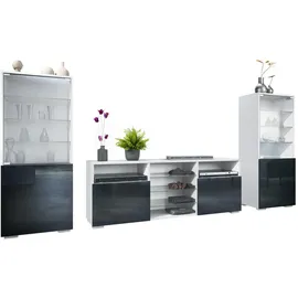 Vladon Wohnwand, Schwarz Hochglanz, Holzwerkstoff, 286x122.5x35 cm, Wohnzimmer, Wohnwände, Wohnwand-Sets