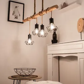 GLOBO LED Hängeleuchte Esszimmerlampe Deckenleuchte Pendellampe, Holz Balken, Hanfseil, Retroleuchte Vintage Rustikal, 4-Flammig, 4x E27 Filament LED warmweiß, Länge 100 cm