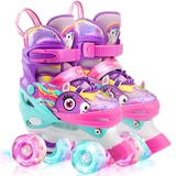 Einhorn Kinder Rollschuhe für Mädchen Jungen Skates für Kinder mit Leuchtenden Rädern Größen Verstellbar Quad Roller Skates für Anfänger Geburtstags und Weihnachts Geschenke