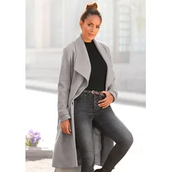Langmantel LASCANA, Damen, Gr. 34, grau (grau, meliert), Web, Obermaterial: 100% Polyester. Futter: 100% Polyester, meliert, modisch, figurumspielend knielang, Langarm, Mäntel, mit Bindegürtel und Taschen, eleganter Damenmantel