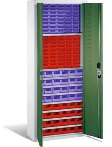 C+P Magazinschrank mit 138 Sichtlagerkästen, H1690xB700xT300mm Front Resedagrün Korpus Lichtgrau