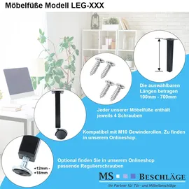 MS Beschläge Metall-Möbelbein 250mm) Couchfuss Schwarz Eckig Möbelfuss Tischstütze 25 x 25mm