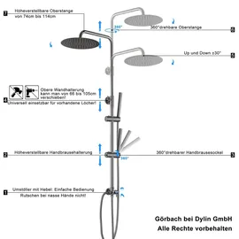 Görbach Edelstahl Duschset ohne Armatur, Regendusche Duschsystem mit Duschkopf, Duschstange, Duschschlauch, Kopfbrause D30cm Gunmetal Grau