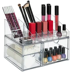 Relaxdays Make Up Organizer, 14 Fächer & 3 Schubladen, Nagellack, Lippenstfit, Kunststoff, Schminkorganizer, transparent