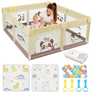 SPYLAVE Laufstall Baby 120x120 mit Matratze, Kleines Laufgitter Baby mit Saugnapfbasis, Atmungsaktivem Netz und 210D Oxford Gewebe, Stabiler & Sicherer Babyspielplatz, Schutzgitter für Kinder, Panda