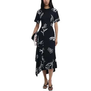 Desigual Damenkleid Florales Schwarz mit Rundhalsausschnitt und Kurzen Ärmeln, Größe M