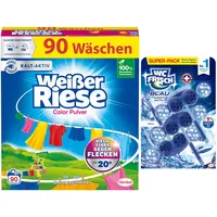 Weißer Riese Color Pulver (90 Waschladungen), Colorwaschmittel wirkt riesig stark gegen Flecken, Kalt-Aktiv schon ab 20° C + WC Frisch Kraft Aktiv Duftspüler Blau Chlor (1x150g)