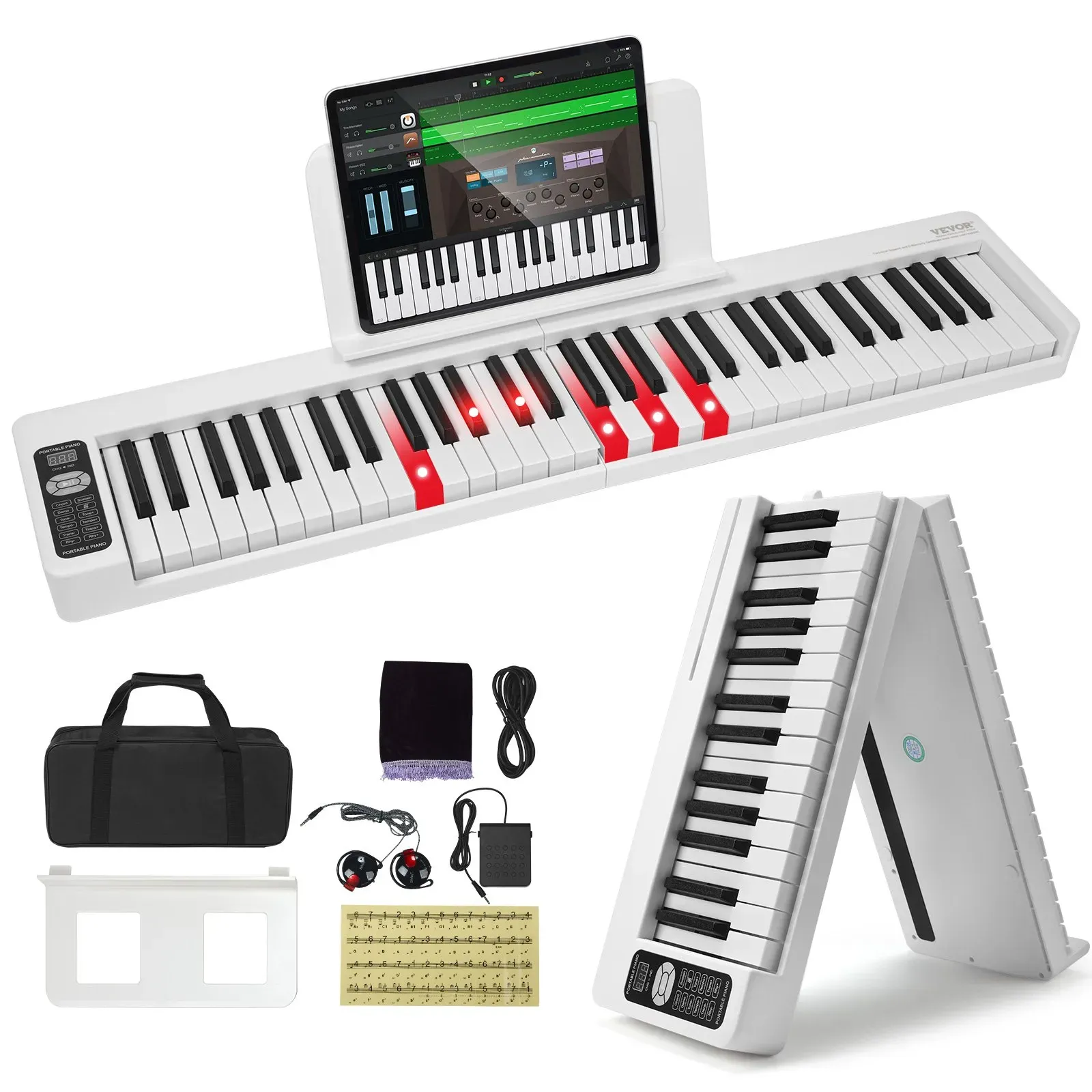 VEVOR 61 Tasten Digitalpiano E-Piano faltbares Klavier Bluetooth MIDI Weiß