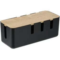 Relaxdays Kabelbox, für 2 Steckdosenleisten, Holzdeckel, Kunststoff, Kabel verstecken, HBT: 11,5x30,5x12,5 cm, schwarz