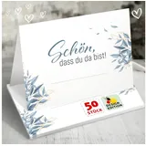 funke & brand Tischkarten Hochzeit 'Schön, dass du da bist' – Florales Design Eukalyptus Grün Gold, Platzkarten für Hochzeit, Geburtstag, Taufe, Kommunion, stilvolle Tischdeko – Design Edition