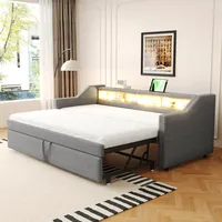 Merax Schlafcouch Ausziehbar 90/180 x 190 cm, Klappsofa mit LED-Licht und USB-Buchse, Couch Bett 2 Sitzer mit Schlaffunktion, Leinenstoff, Grau (Ohne Matratze)