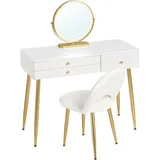 Woltu Schminktisch Weiß, Gold, Metall, 3 Schubladen, Rechteckig,Rechteckig, 100x122x40 cm, Schlafzimmer, Schminktische