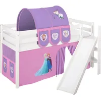 Hochbett JELLE in weiss mit schräger RUTSCHE, TURM und lila FROZEN / Eiskönigin / Anna & Elsa Vorhang. Kinderbett & Spielbett von LILOKIDS - Weiß/Lila