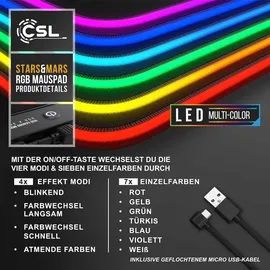 CSL RGB Gaming Mauspad, Gaming Mauspad - 800 x 300 mm XL Mousepad - LED Multi Color, Stars & Mars