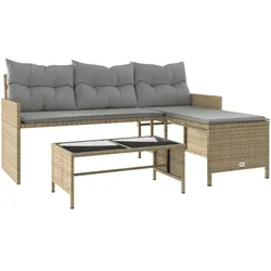 vidaXL Gartensofa in L-Form mit Tisch und Kissen Beige Poly Rattan