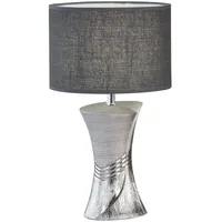 MeineWunschleuchte Tischlampe mit Keramikfuß Silber & Stoffschirm Leinen Grau,