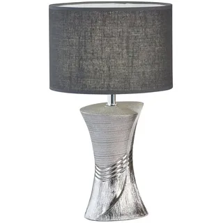 meineWunschleuchte Tischlampe mit Keramikfuß Silber & Stoffschirm Leinen Grau, 44cm groß