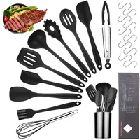 Viesap Küchenhelfer Set,Silikon Kochgeschirr,Küchenhelfer Utensilien,Kochbesteck Küchenutensilien Kit,Antihaft Hitzebeständiger Küchengeräte,Schneebesen,Pfannenwender,Grillzangen etc 11Pcs,Schwarz.