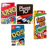 SPAR-SET - Mattel - 4er Set Kartenspiele: UNO, Skip Bo, Phase 10 und DOS