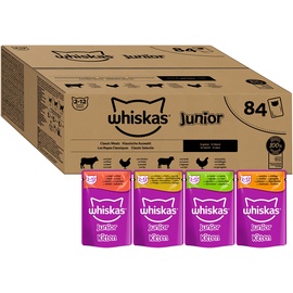 whiskas Junior Katzennassfutter Klassische Auswahl in Sauce, 84 Portionsbeutel, 84x85g (1 Großpackung) – Hochwertiges Katzenfutter nass, für heranwachsende Katzen von 2 bis 12 Monaten