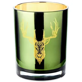 Edzard Teelichtglas Ted, außen grün innen gold, Hirsch-Design, Höhe 13 cm,