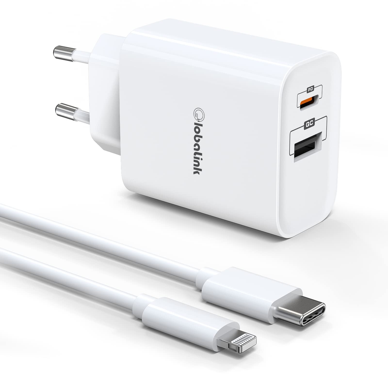 iPhone Schnellladegerät 32W, GlobaLink 2 Port USB C Ladegerät mit 2m Typ C auf Lightning Kabel [MFi Zertifiziert] kompatibel mit iPhone 12/12 Pro/ 12 Pro Max/ 11/ X