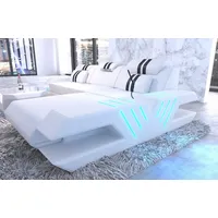 Sofa Dreams Ecksofa Venedig L Form Leder Couch USB, 4-Sitzer, Echtleder Premium, Weiß-Schwarz, Ottomane rechts, Bett, LED schwarz