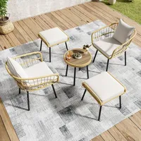5-tlg. Gartenmöbel-set Mit 1 Tisch, 2 Stühlen Und 2 Hockern, Für 2 Bis 4 Personen, Rattan Und Stoff Weiß Natur