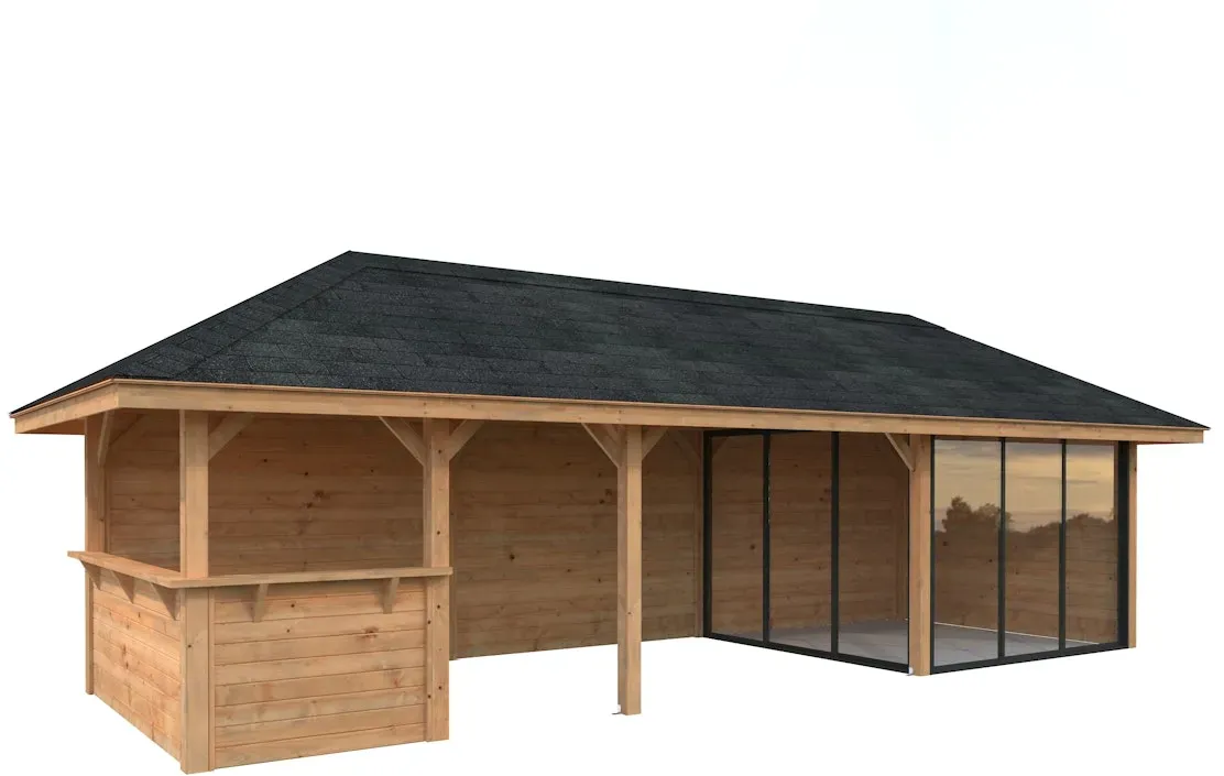 Palmako Pavillon Bianca 24,9 m2 Set 515 Slide Plus mit Isolierglas-Schiebetüren hellbraun tauchgrundiert