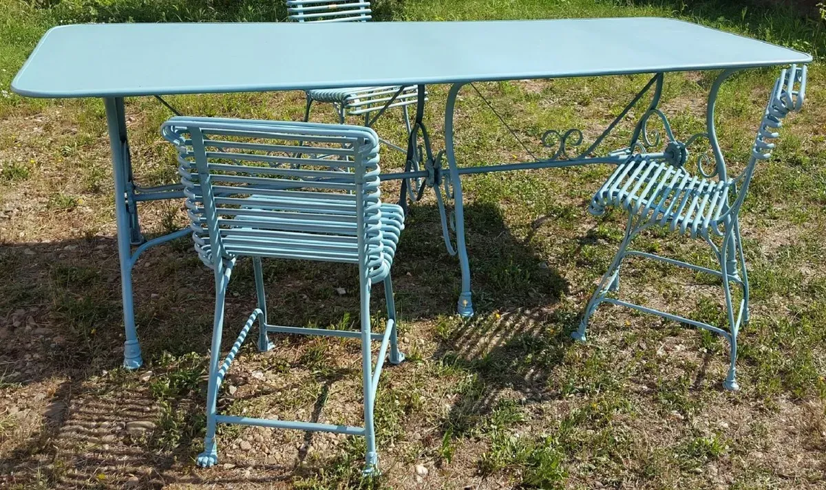Casa Padrino Jugendstil Garten Esstisch Hellblau 250 x 90 x H. 75 cm - Nostalgischer Schmiedeeisen Gartentisch - Jugendstil Schmiedeeisen Garten Möbel - Nostalgische Garten Möbel