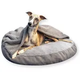 4L Textil Vigo Hundebett mit Kapuze Hundehöhle Hundedecke Hundekorb mit Kapuze Hundeschlafsack Hundekörbchen Cord Hundekissen mittelgroße Hunde mit Decke (Grau, L 90 x B 90 x H 12 cm)