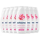 Schauma Entwirrendes Shampoo Seiden-Kamm (8x 400 ml), Haarshampoo pflegt ohne zusätzliche Spülung, Glanz-Shampoo für schwer kämmbares & stumpfes Haar, mit Rosen-Öl