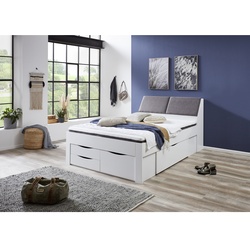 Relita - Funktionsbett Maxi 140 x 200 cm, ohne Lattenrost mit 5 Bettschubladen und Stauraum-Polster-Kopfteil, Ausführung Dekor Weiß