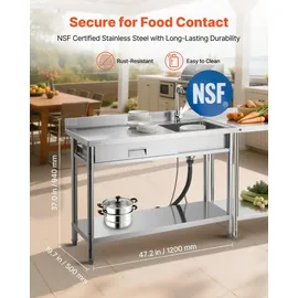 Vevor Spültisch Spülbecken Edelstahl (120 x 50 x 94 cm), Einzelbecken mit Wasserhahn & Schublade, Küchenspüle für Garage Restaurant Wäscherei, Waschtisch Außenspüle mit Arbeitsplatte (links)