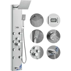 VEVOR Duschpaneelsystem, 5 Duschmodi, Duschpaneelturm mit Digitalanzeige, Regenfall, 8 Massagedüsen, Wannenauslauf, Handbrause mit 3 Einstellungen, 59-Zoll-Schlauch, Wandduschset aus Edelstahl