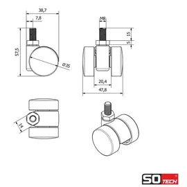 SOTech Möbelrolle AACHEN Ø 35 mm 4 Stück 40 kg Tragkraft