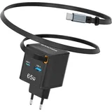 USB C Einziehbares Ladegerät 65W Netzteil 3 Ports PD Schnellladegerät mit einziehbarem Kabel (67cm) Typ C und USB-A Ports, tragbarer Ladeadapter mit MacBook Pro, iPhone 16 Pro/15 Pro