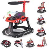 COSTWAY 7 in 1 Lauflernhilfe mit Verdeck, Lauflerwagen mit einstellbarer Höhe & Geschwindigkeit, Baby Walker klappbar mit Spielboard, Musik, Licht & Rädern, Gehfrei Baby ab 6 Monaten (Rot)