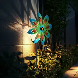 GLOBO Gartendeko Windrad LED Solarleuchte, Glaskugel, bunt Außenlampe Erdspieß, Metall kupferfarben, Bruchglas, warmweiß, 2er Set