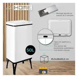 Wellhome WELL HOME MOBILIARIO - DECORACIÓN Intelligenter Mülleimer mit automatischem Öffnen oder Handkontakt, 50 l, 35,5 x 26 x 83,5 cm, weiß.