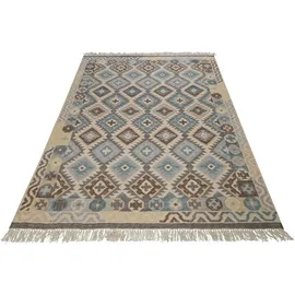 Green Looop Wollteppich GREEN LOOOP "Migny", blau (hellblau), B:80cm H:5mm L:150cm, Wolle, Teppiche, Fransen, Kelim, handgewebt, Natur, Wohnzimmer, Schlafzimmer, Raute