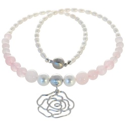 Bella Carina Perlenkette Kette mit Rosenquarz und Anhänger Rose, mit Anhänger Rose rosa 45 cm