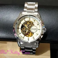 Automatisch Mechanisch Skelett Erhoben Abgeschrägt Getönt Mineral Luxus Glas Uhr