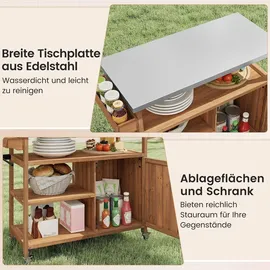 Costway Grillwagen Outdoor, Servierwagen auf Rollen, mit Edelstahl-Arbeitsplatte, Ablagen, Gewürzregal, Schrank&Handtuchhalter, (1 Tür-118x47x92 cm) - Naturbelassen